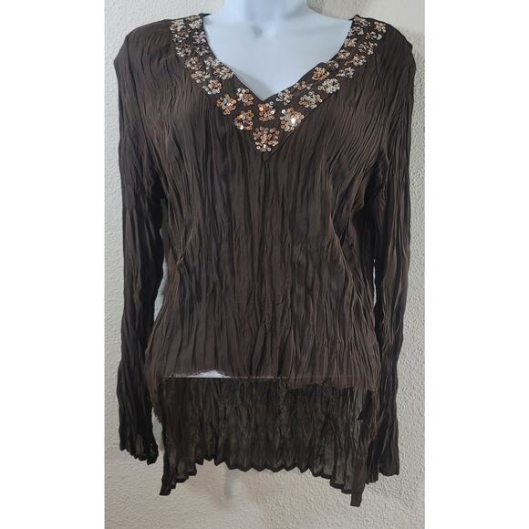 The In Shop Brown Accordion Pleated Sequin V Neck Top Medium Lightweight Soft - Picture 1 of 6